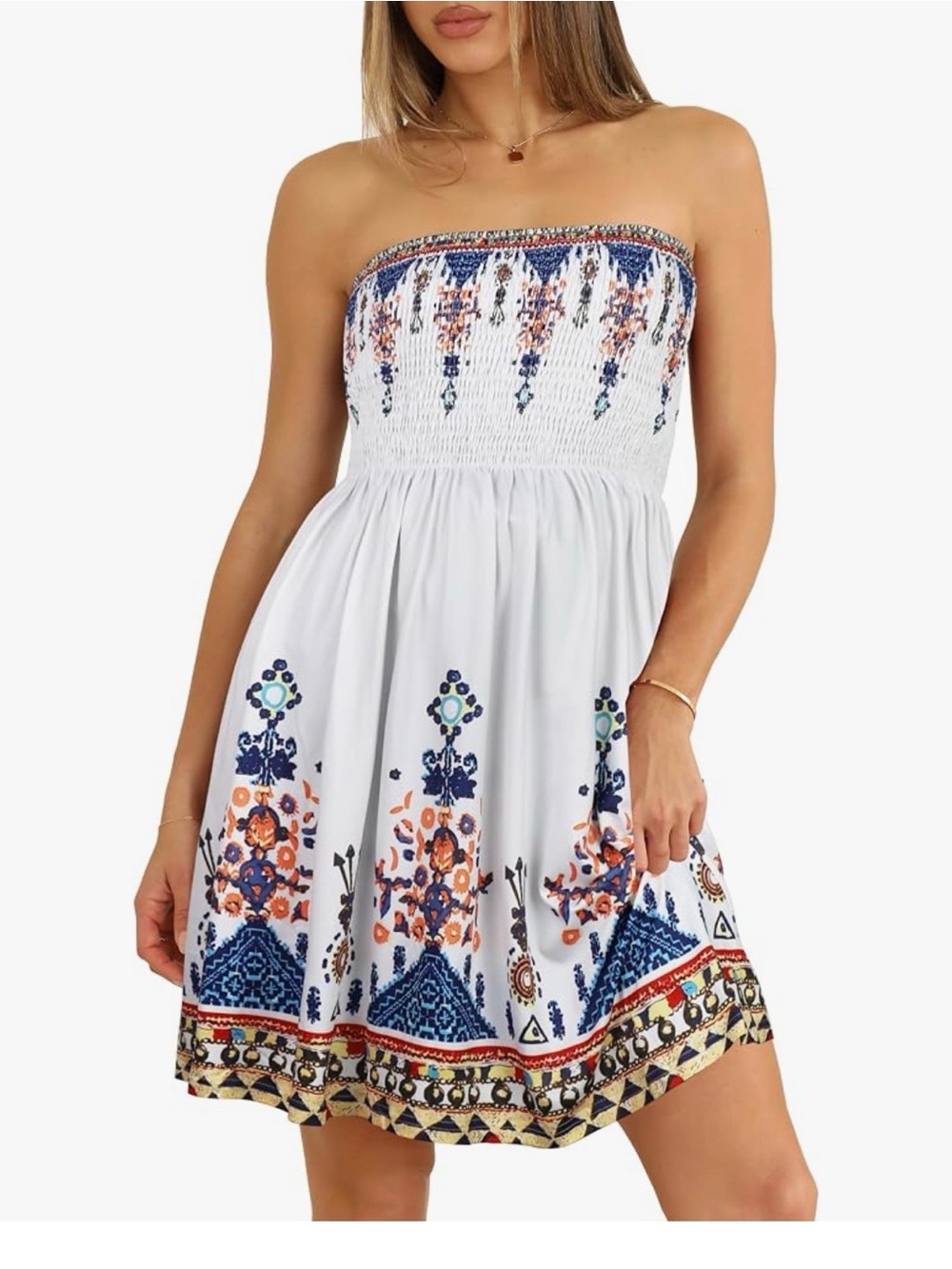 NWOT Boho Floral White Strapless Smocked Dress